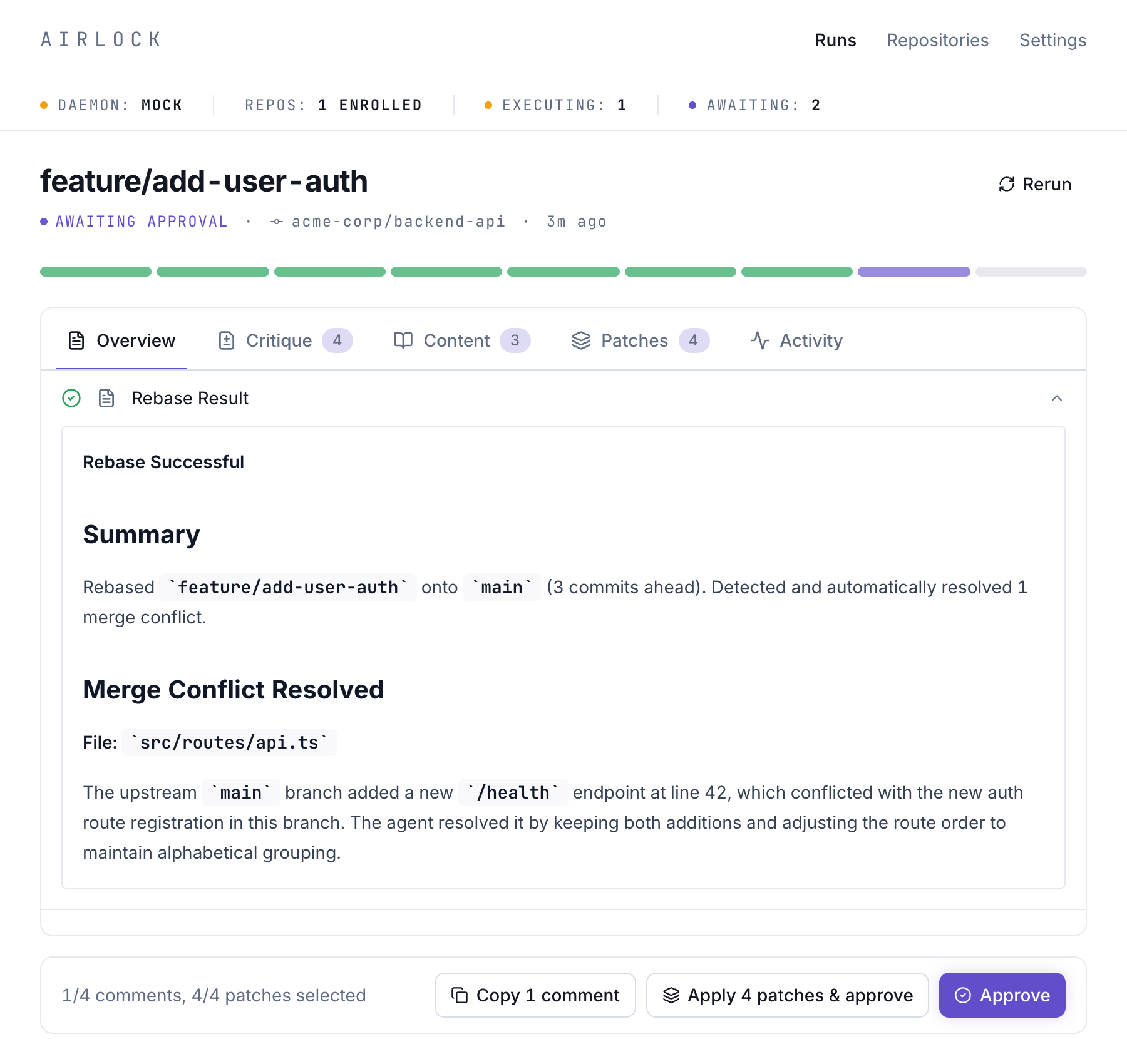Rebase result with automatic merge conflict resolution